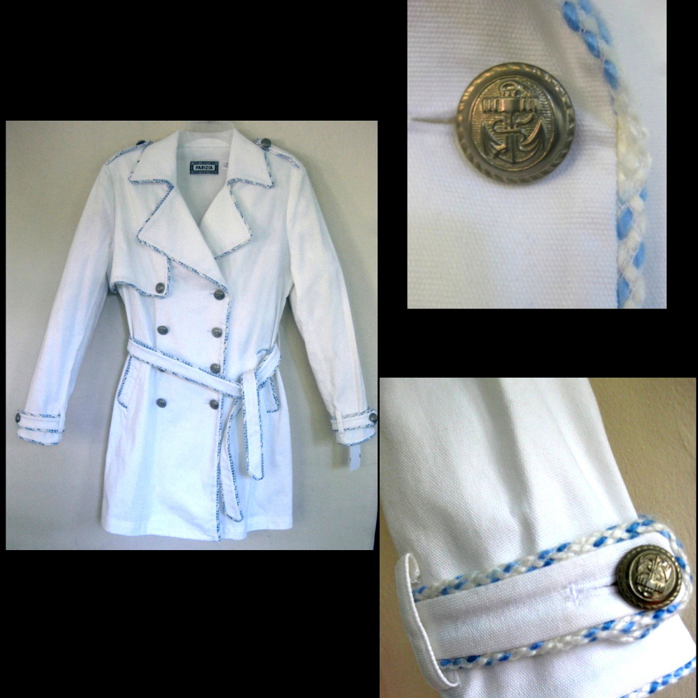 NWT White trench coat 6 Blue trim Nautical style Cotton Double-breasted Jacket